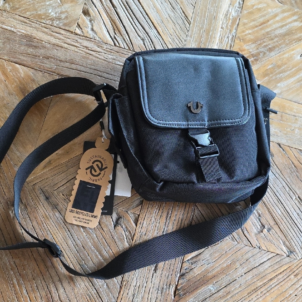 New True Religion Black Messenger Bag with Adjustable Strap!